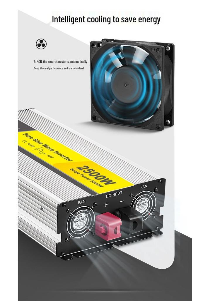 2500W Pure Sine Wave Inverter 12V/24V to 220V for Home, Solar, or Car Backup