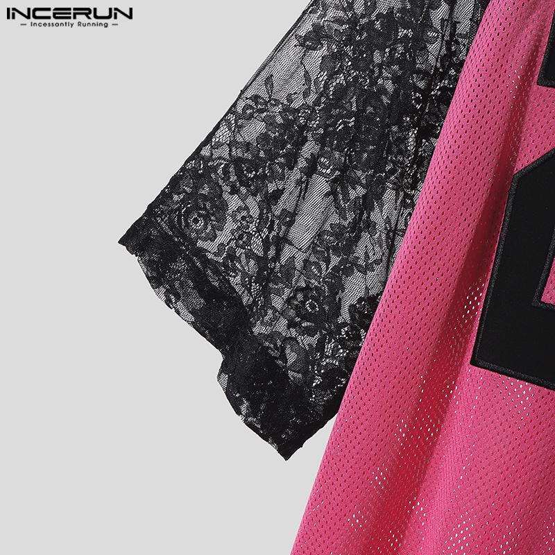 INCERUN Men Lace Patchwork Short Sleeve Letter Print Hollow Out Casual T-shirts Tops