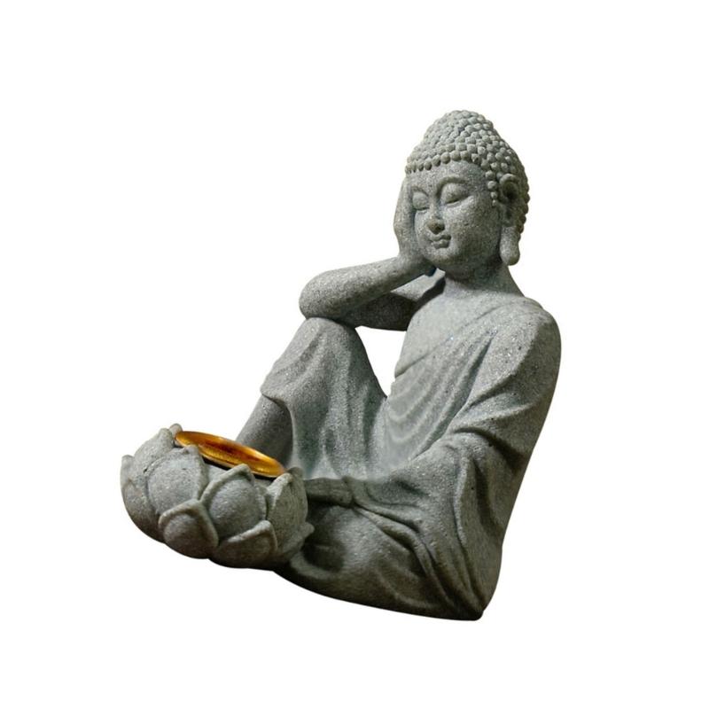 Buddhas Stone Figurine Sculpture with Tealight Slot Incenses Holder Spiritual Decors Meditation Statue Desktop Ornament