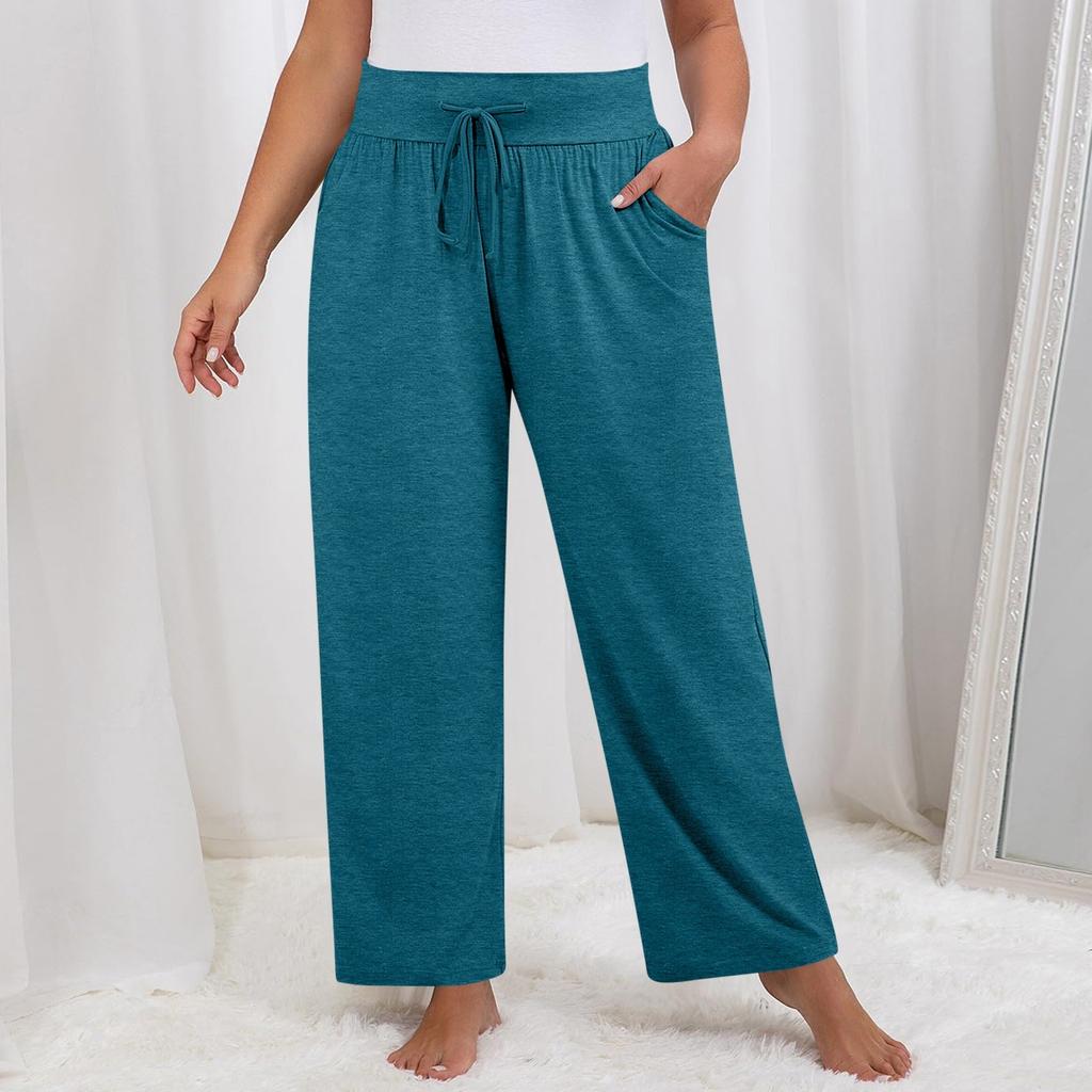 Damen Einfarbig Übergröße Weitbein Yoga Hose Locker Kordelzug Sporttasche Freizeit Hose