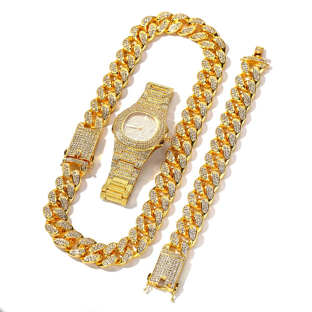 Hip Hop Men Bling Iced Out Gold 20mm Watch Bracelets Necklace Cuban Link Chain Set Watch Necklace Bracelet Jewelry Set