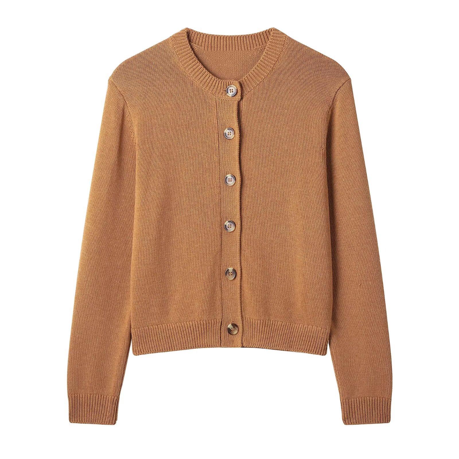 

Весна 2025 Женский повседневный вязаный кардиган с круглым вырезом и длинными рукавами M бронзовый