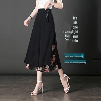Damen Chiffon Rockhose - 2026 Sommer Stil, Leichte Eis Seide, Weiter Bein, Mittleres Alter, 8/10 Länge.