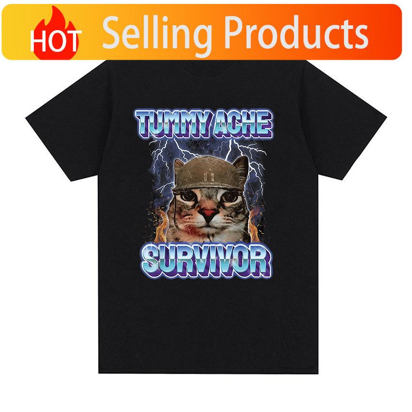 Vintage Tummy Ache Survivor Funny Cat Meme Tee Shirt Unisex Unisex Clothing Fashion Short Sleeve Tshirt Casual Pure Cotton T Shirts