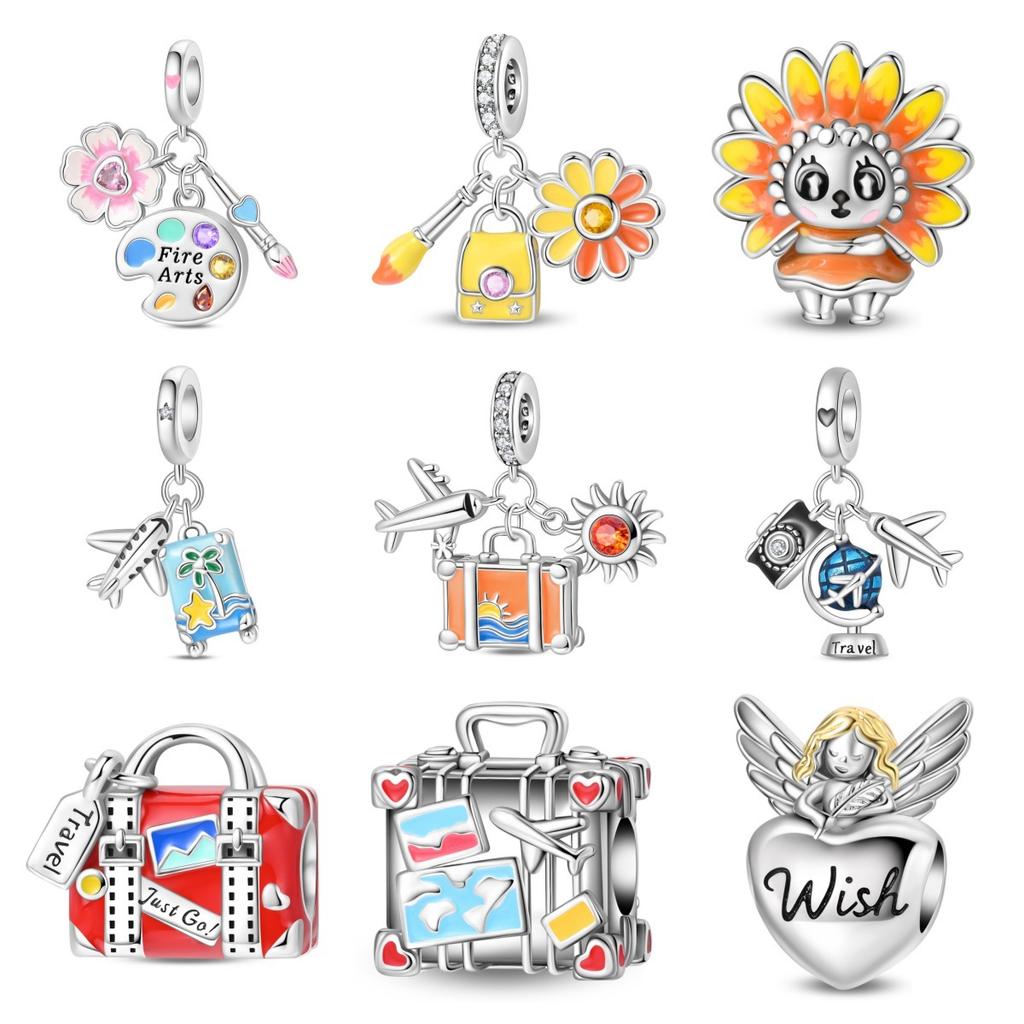 Travel Style Airplane Camera Luggage Charm Bead Jewelry Necklace Bracelet Accessory Set