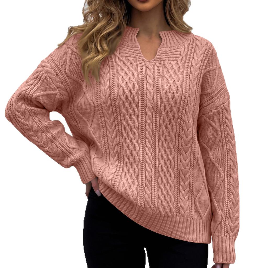 Women's Cable Knit Pullover V-Neck Long Sleeve Loose Fit Color Sweater for Fall Winter