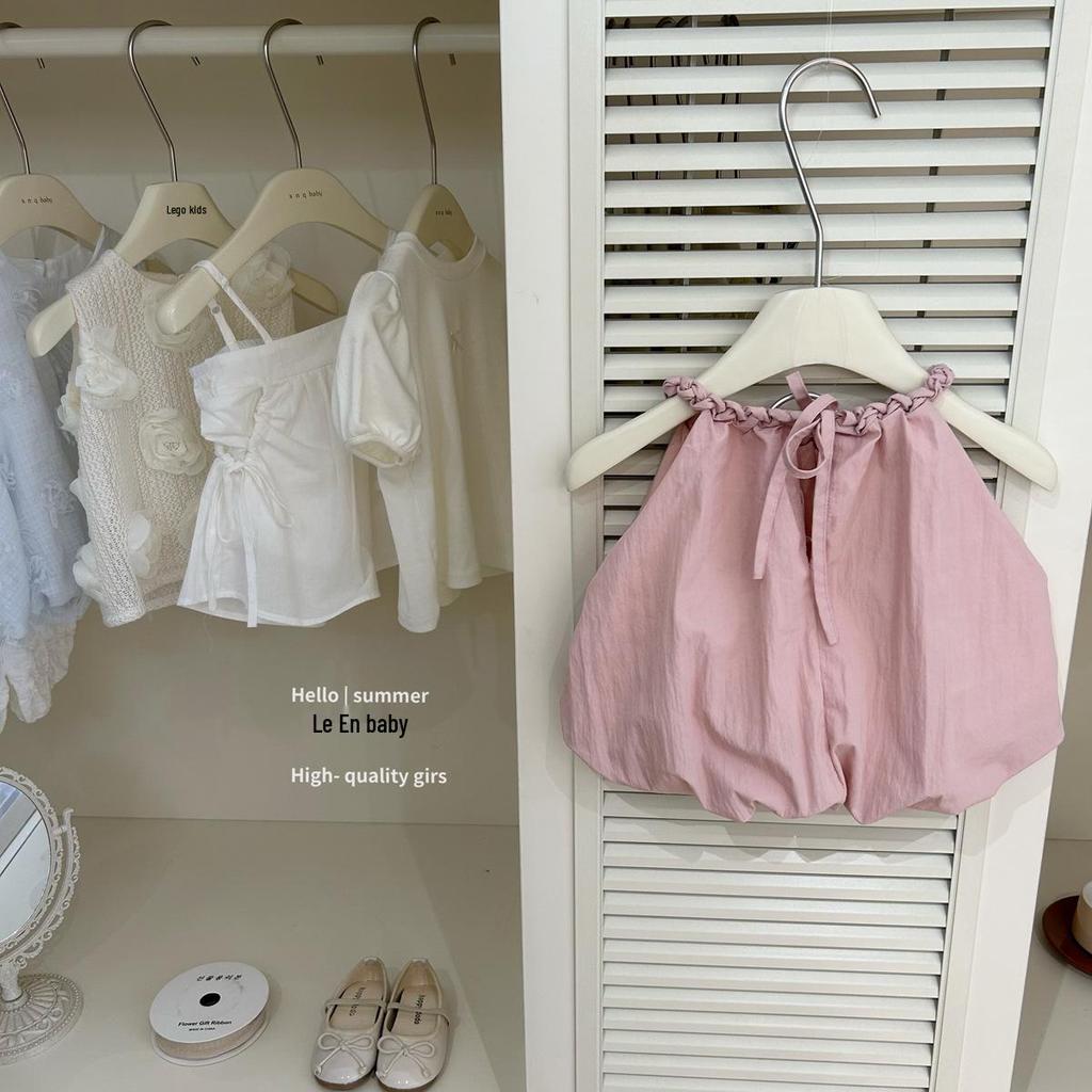 Leenbaby Spring/Summer Pink Halter Tank & White Ruffle Shorts Set for Girls