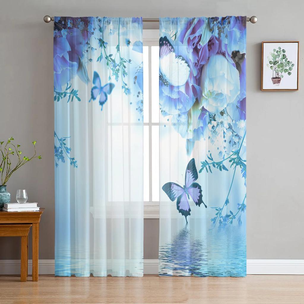 Animal Butterfly Flower Blue Rose Water Waves Tulle Translucent Drapes for Living Room Bedroom Space Window Opening Drape Voile Organza Curtains