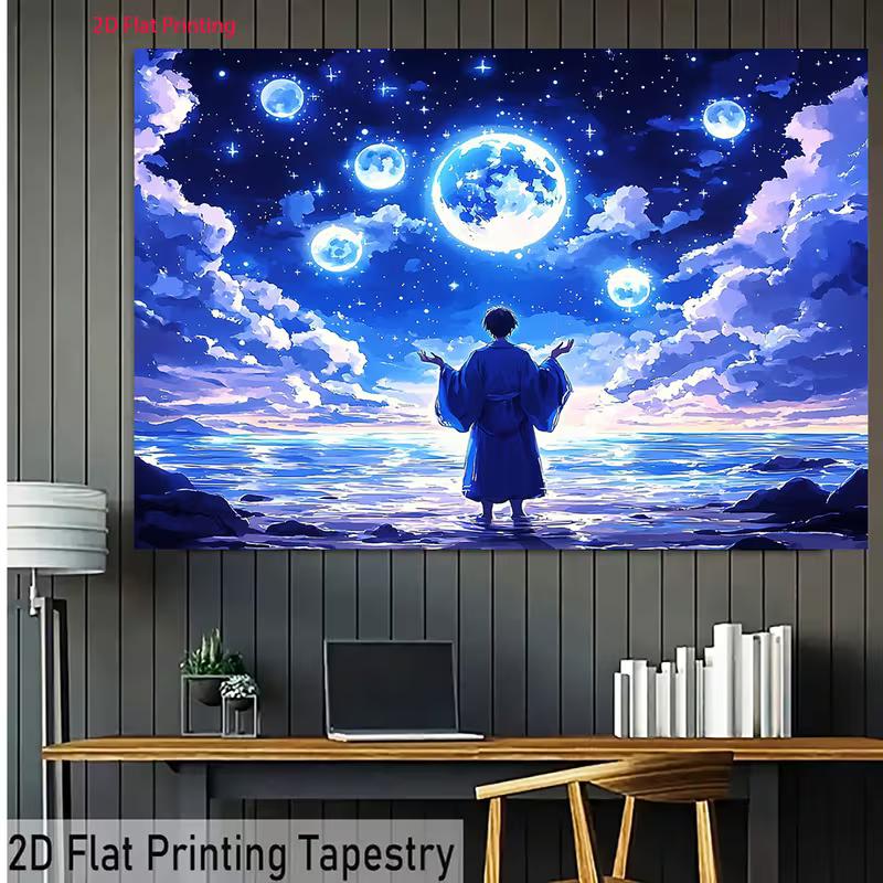 2D Magical Moon Backdrop, Anime Style Night Sky with Glowing Moons, Stars & Ocean Photography Background