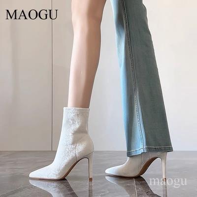 Moteriški balti smailianosiai aukštakulniai čiurnos batai Ploni aukštakulniai trumpi batai Patogūs Madingi Elegantiški Moteriški Botines Botas Mujer