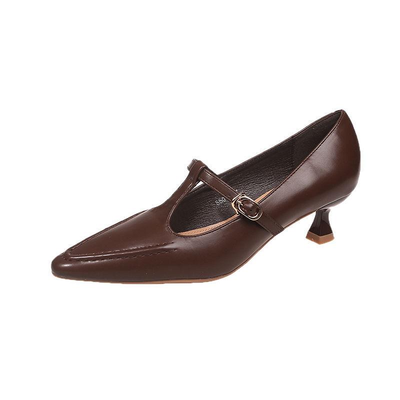 2025 spring new thin heel light mouth Mary Jane high heels pointed solid color one pedal French pointed low heels