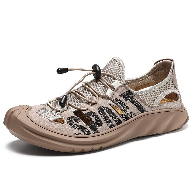 Leather sandals men's summer soft bottom with holes mesh bag head beach sports casual shoes large size breathable hole shoes tide