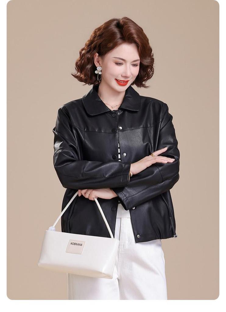2026 Stylish Plus Size Leather Jacket for Middle-Aged & Elderly Women - Spring/Fall Casual Wear