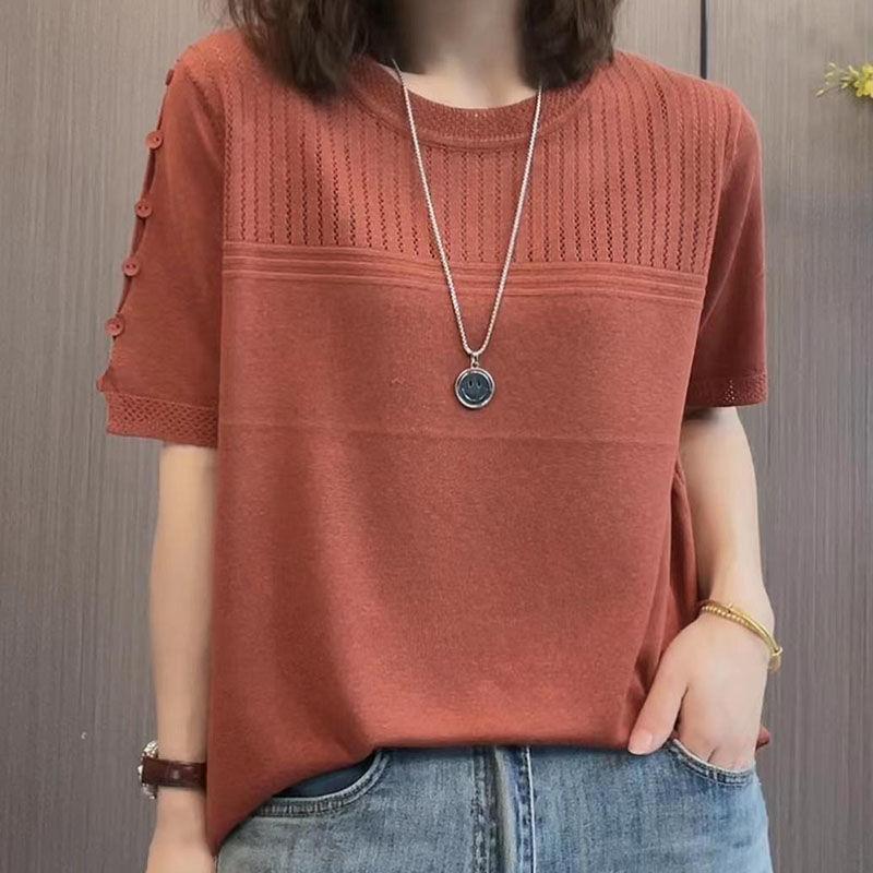 Summer New Middle Aged Women's Ice Silk Knitted Shirt Short Sleeve T-shirt Plus Size Top