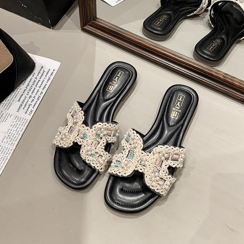 Beautiful flat-bottomed cool slippers for women to wear 2025 summer new fairy style with skirt half-drag beach sandals