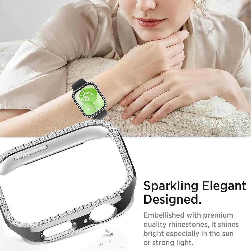 Bling PC Case For Huawei Watch Fit 3 Double Row Diamond Crystal PC Protective Cover Watch Strap Protector Band