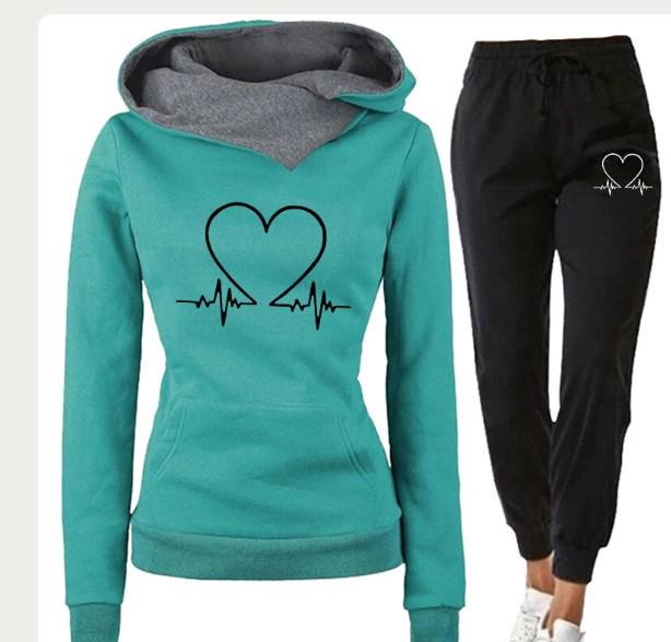 Women's Heartbeat Print Hoodie & Sweatshirt Set - Casual Sportswear for Spring & Autumn