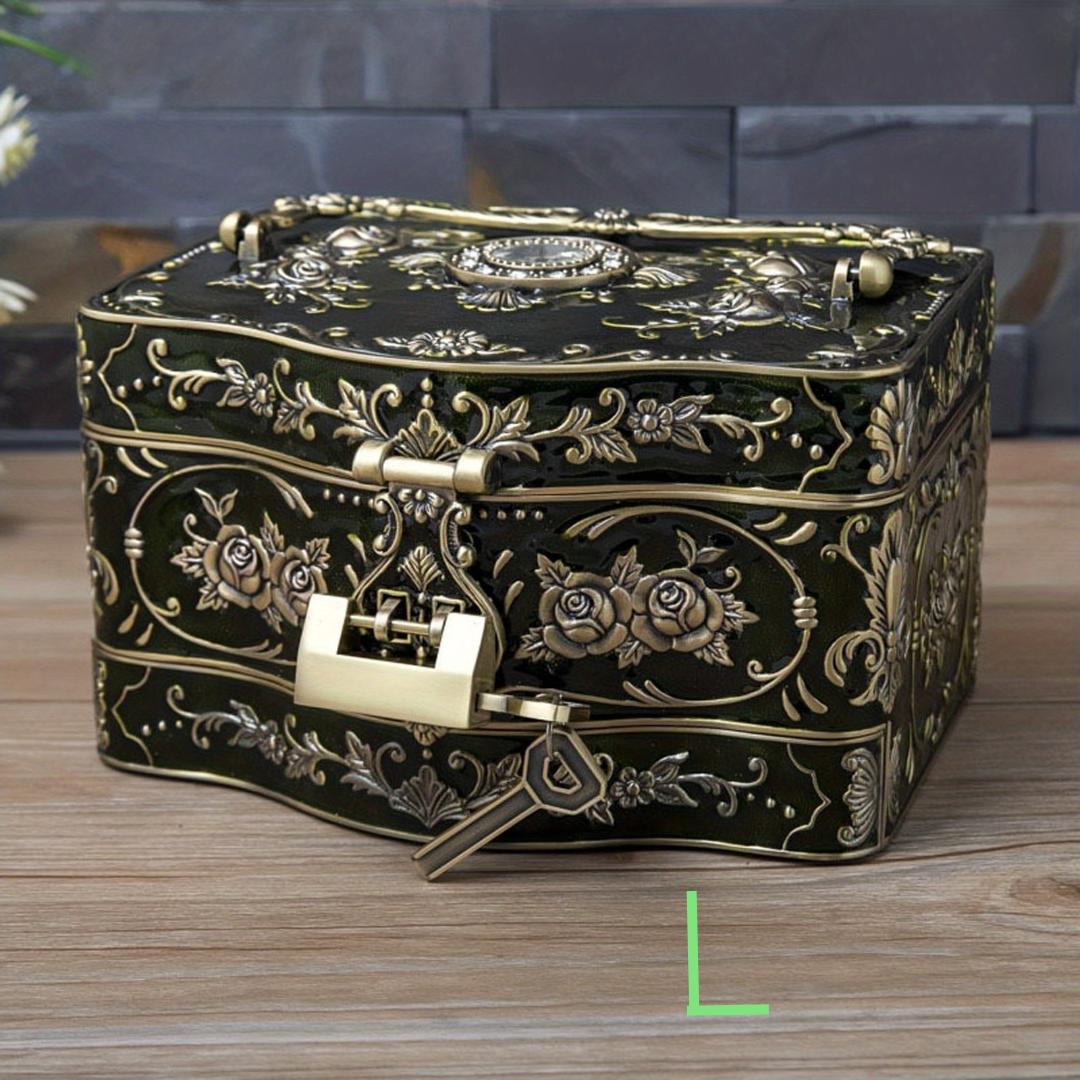 

1 шт. в винтажном стиле, прямоугольное металлическое хранилище ювелирных изделий большой емкости с замком, портативный подарок для свадебного макияжа 21*15*12cm/8.26*5.9*4.72in
