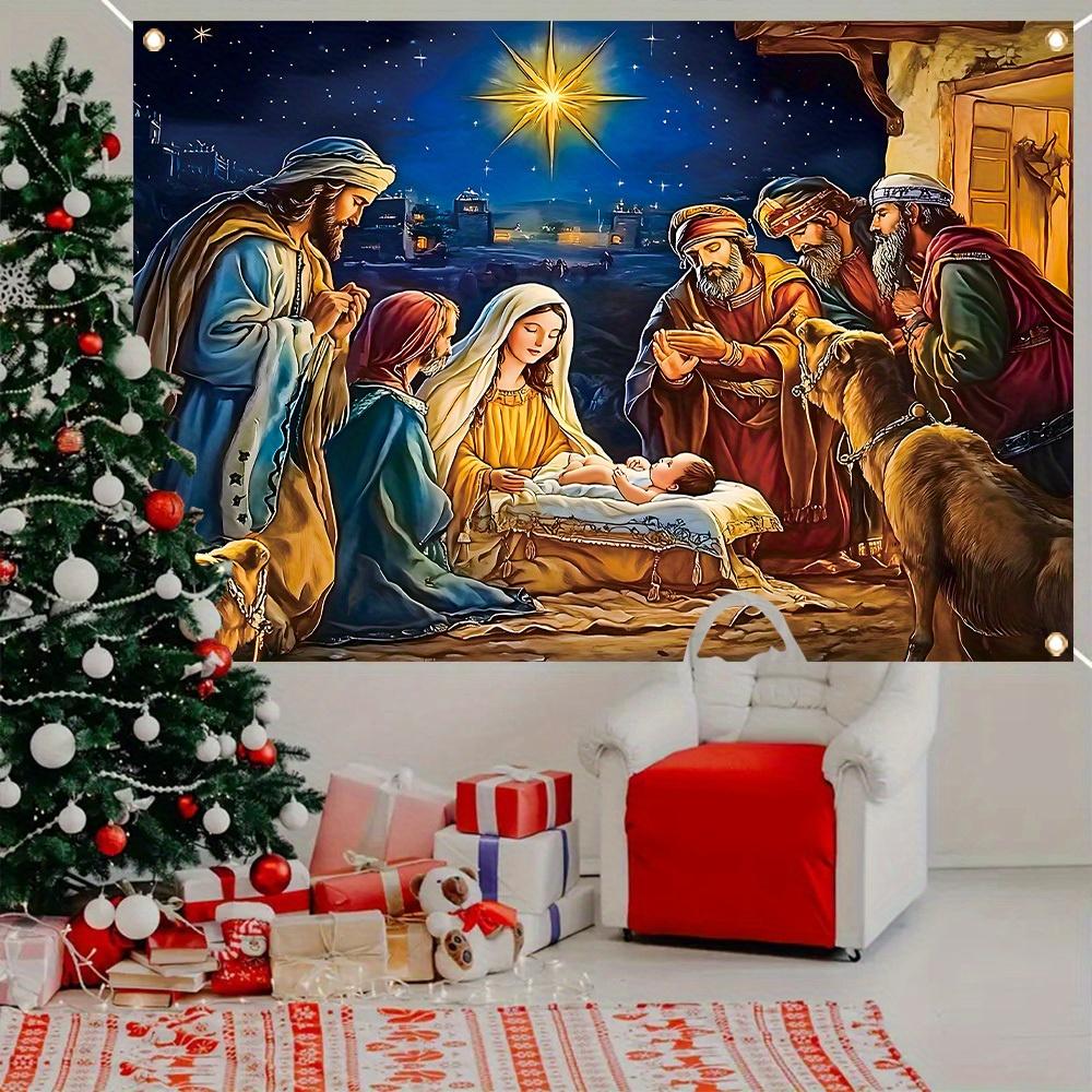 Christmas festive banner featuring the scene of Jesus' birth - polyester fabric suitable for winterzyc