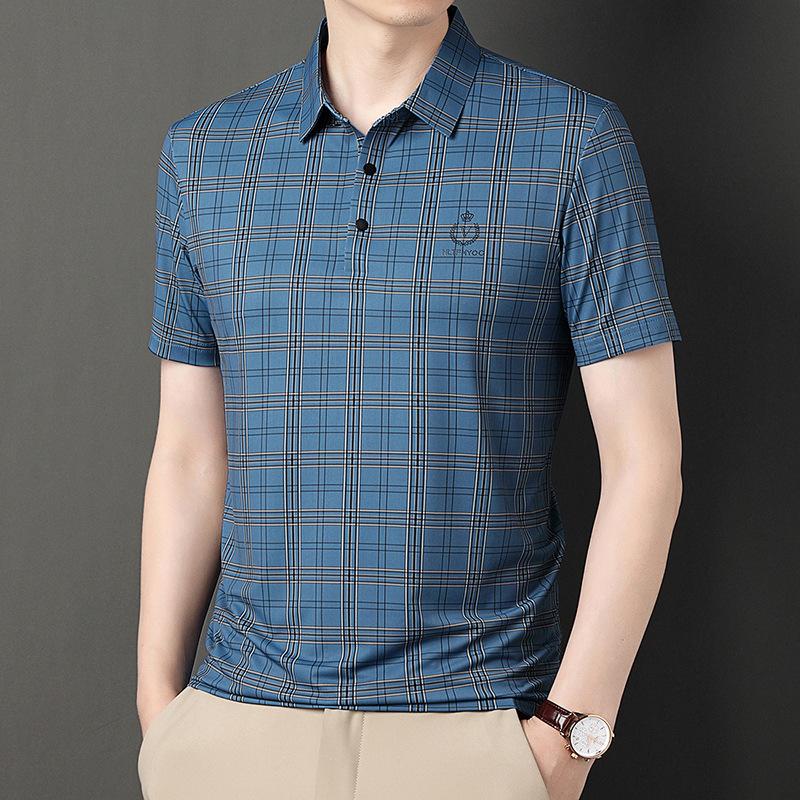 Zomer Nieuw Geruit Korte Mouw Heren Poloshirt Business Casual T-shirt Jong en Midden-Oud Vader Top Herenkleding XL gray