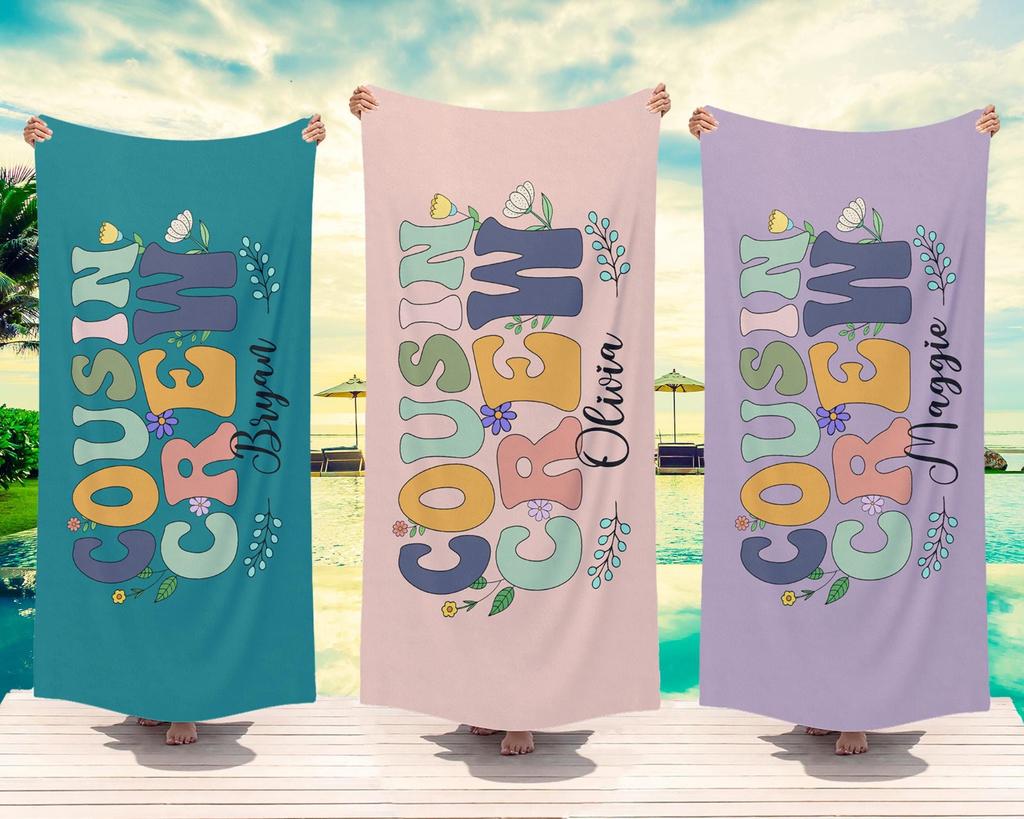 Cousin Crew Retro Floral Beach Towel, Cute Groovy Flower Summer Beach Towel for Family Vacation