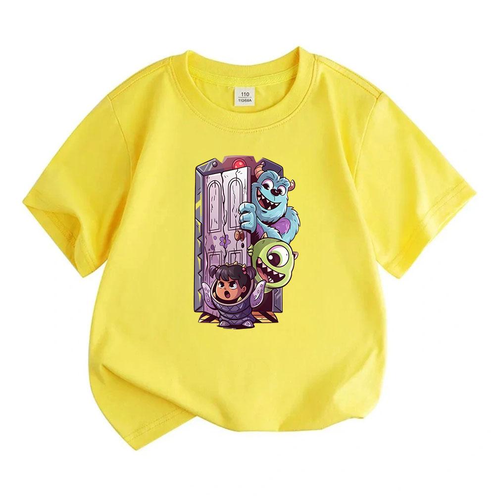 Kids Boys Girls 100% Cotton Crew Neck Short Sleeve T-Shirt, Cute Monster Door Cartoon Print Casual Summer Tees for Children Everyday Wear Lightweight