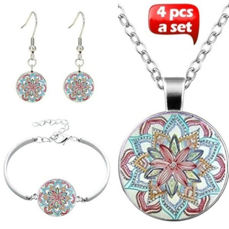 Accessories, Geometric Round Jewelry Three-Piece Set, Mandala Time Gem Necklace, Stud Earrings Bracelet