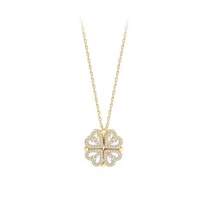 Elegant Four Leaf Clover Pendant Necklace Women Gold Tone CZ Stone Heart Charm Adjustable Chain Lucky Four-Leaf Clover Necklace Gold Tone