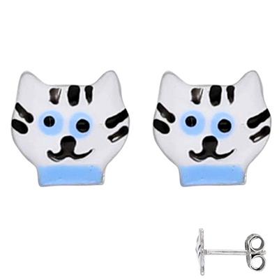 [Q6016] - Silver Earrings 'Cats' White Blue - 7x7 Mm