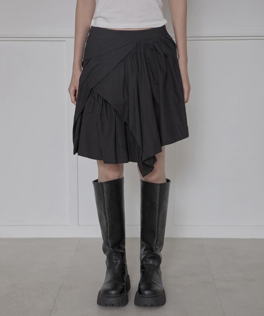 Peulleeoeob Asymmetrical Draped Layered Skirt (Fl-252_Black)