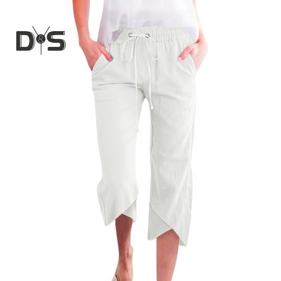Damen Cropped-Hose, elastischer Kordelzug in der Taille, lässiges Design mit lockerem Bein, Freizeithose, einfarbig, lockere Passform, Hose mit mittlerer Wade