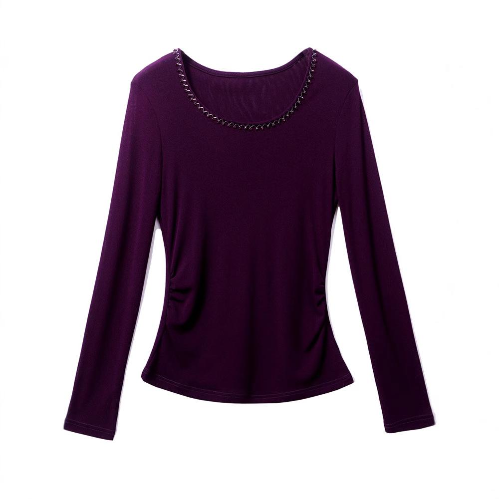 Women Mesh Long Sleeve Top Round Neck Rhinestone Beaded Slim Fit Ruched Side Basic T-Shirt Elegant Spring Layering Blouse