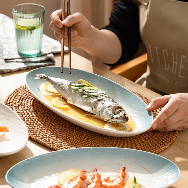 10-14 inch Ceramic Fish Plate  Oval Serving Plates  Trays and Platters Oven Safe  Porcelain Dinner Tray Serving Dishes for Meat