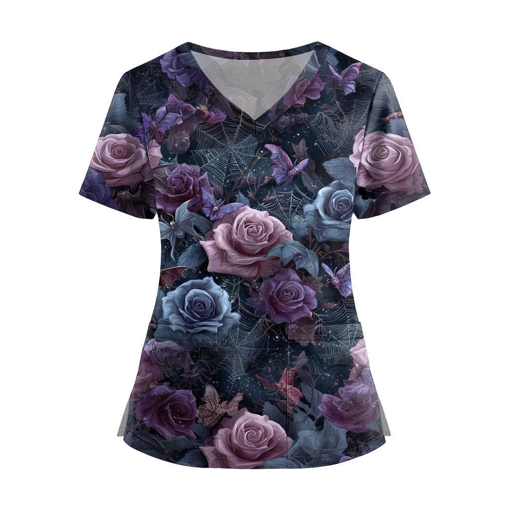 Damenmode V-Ausschnitt Kurzarm Overalls mit Taschen Print Tops Kleidung