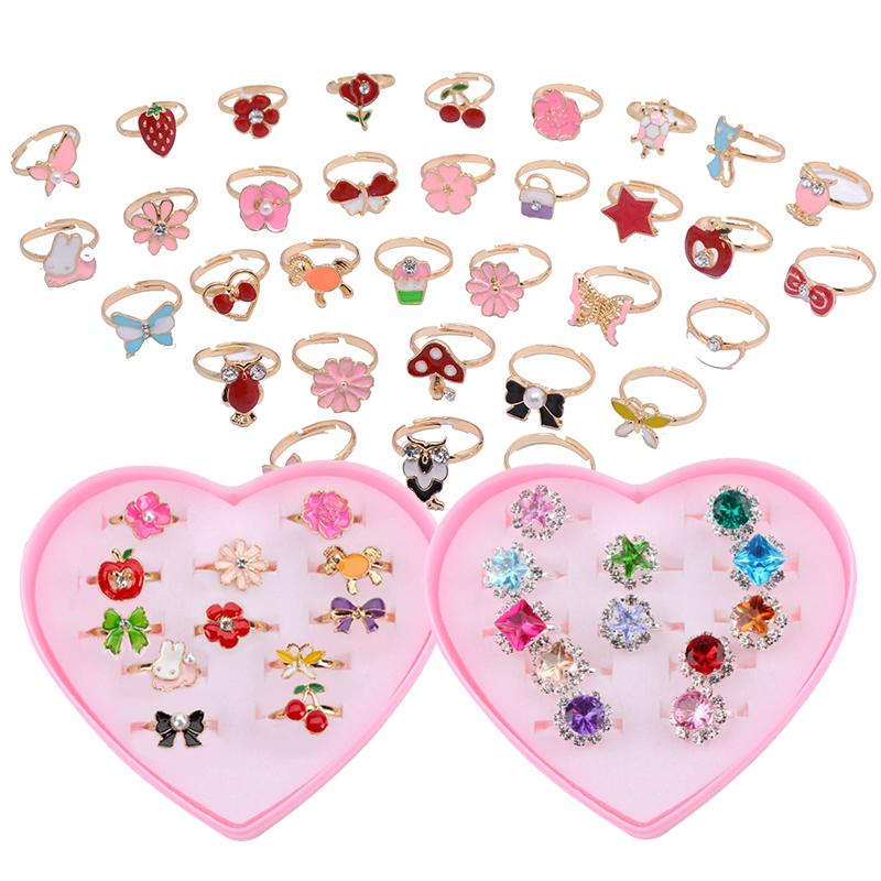 12pcs Children Rings Heart Shaped Box Cartoon Jewelry Adjustable Opening Girls Birthday Gifts Beauty Toys Pretend Play TMZ