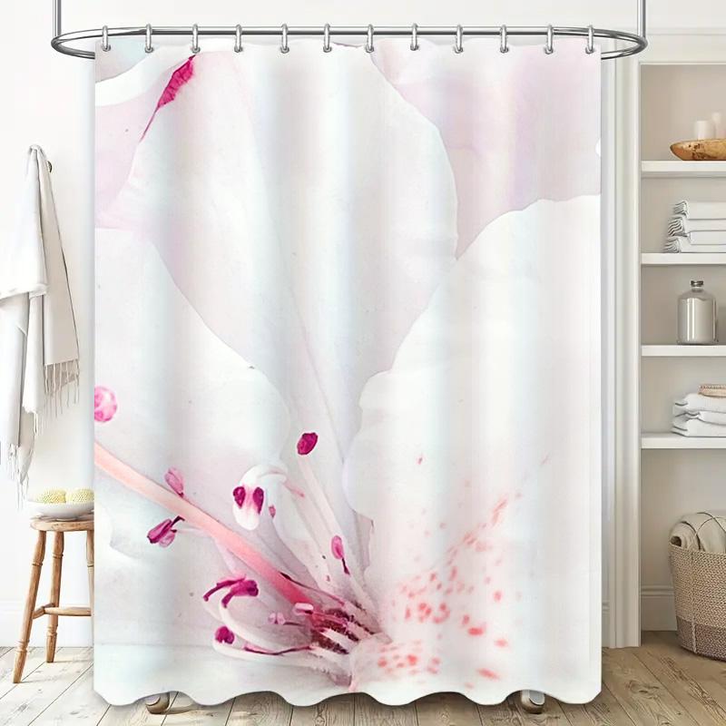 Modern Style White Shower Curtain with Floral Print for Bathroom Decor Pink Blossom Design in Various Sizes
