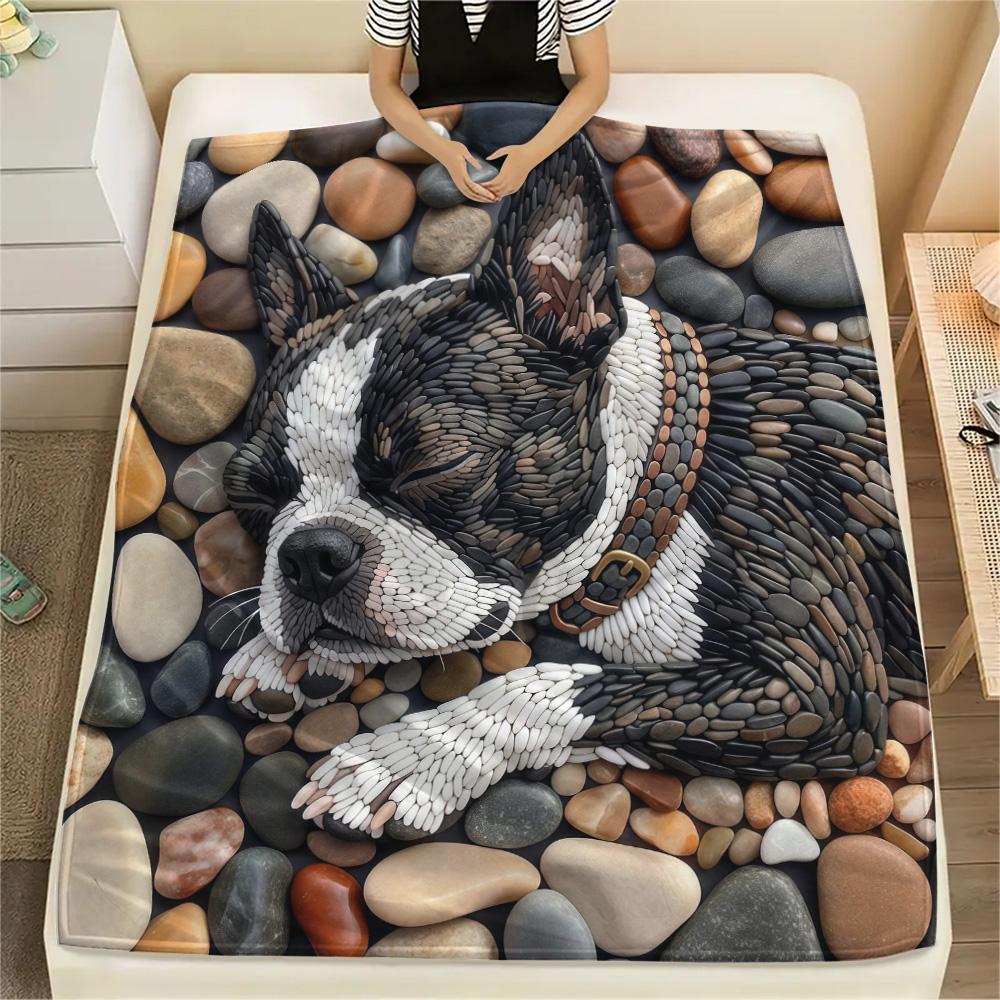 1Pc Cobblestone Dog Print Flannel Blanket High Quality Warm Comfortable Cover for All Seasons Perfect for Gifts Home Decor