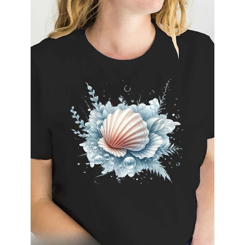 

European sizes Women s Seashell & Floral Print T-Shirt - Black with Blue & Pink Accents, Short Sleeve Crew Neck Casual Top for Spring & Summer 4XL