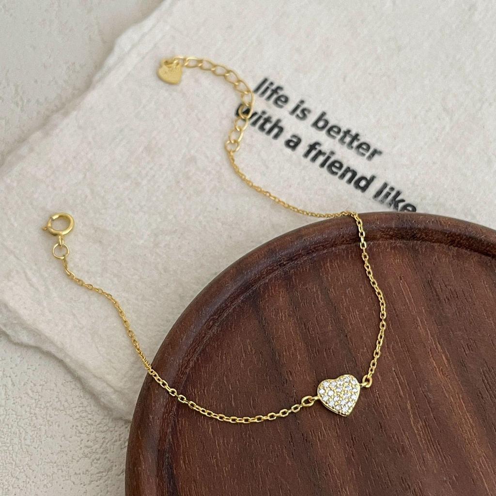 18K Gold-Plated S925 Sterling Silver Heart Bracelet with Full Diamond Inlay - Women's Japanese & Korean Cute, Versatile, Layered Jewelry