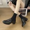 Black loafers square-headed lazy one-pedal thick high-heeled small leather shoes versatile French Mary Jane single shoes women's middle heel