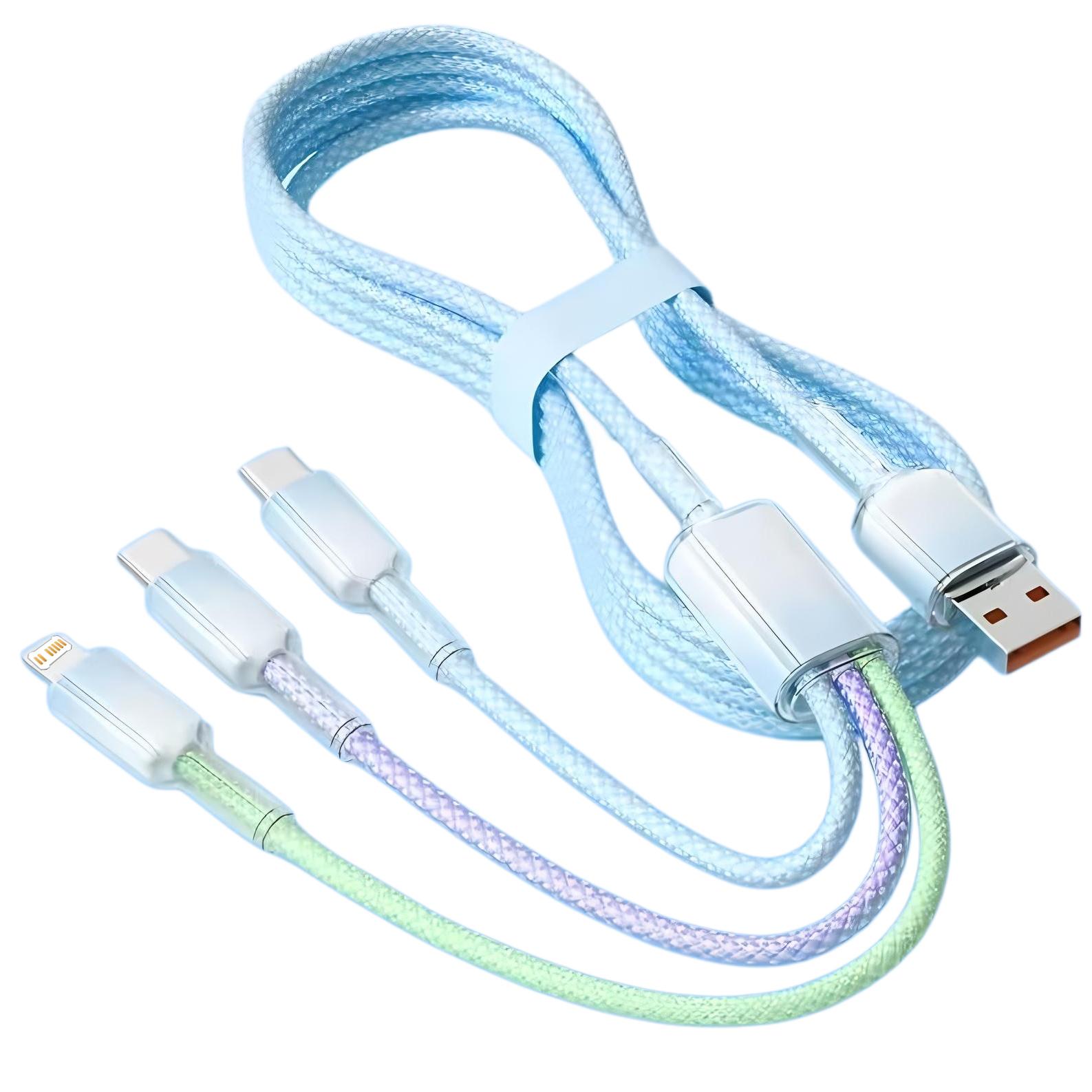 

240W Gradient color woven three-in-one mobile data cable Suitable for Macbook iPhone Samsung Xiaomi Type-C fast charging cable 1.2m синий
