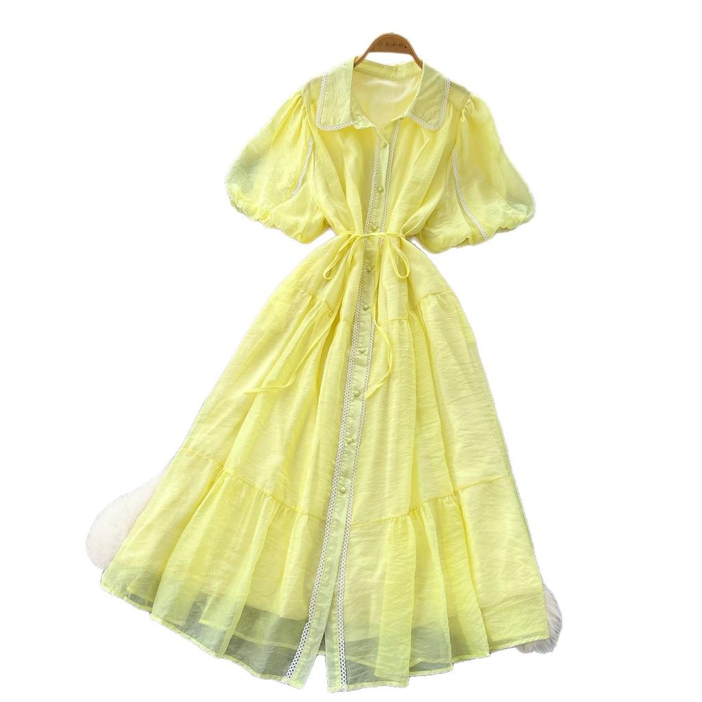 French gentle style temperament lapel lantern sleeve lace-up waist single-breasted dress female super fairy slim long skirt