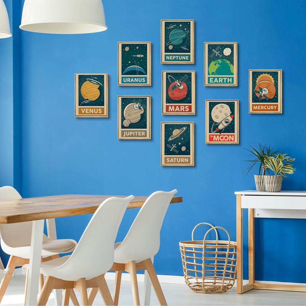9pcs Retro Solar System Wall Art Nursery Space Pictures Retrospace Galaxy Wall Decor Outer Space Paintings Prints Sci-Fi Planet Posters for Boys