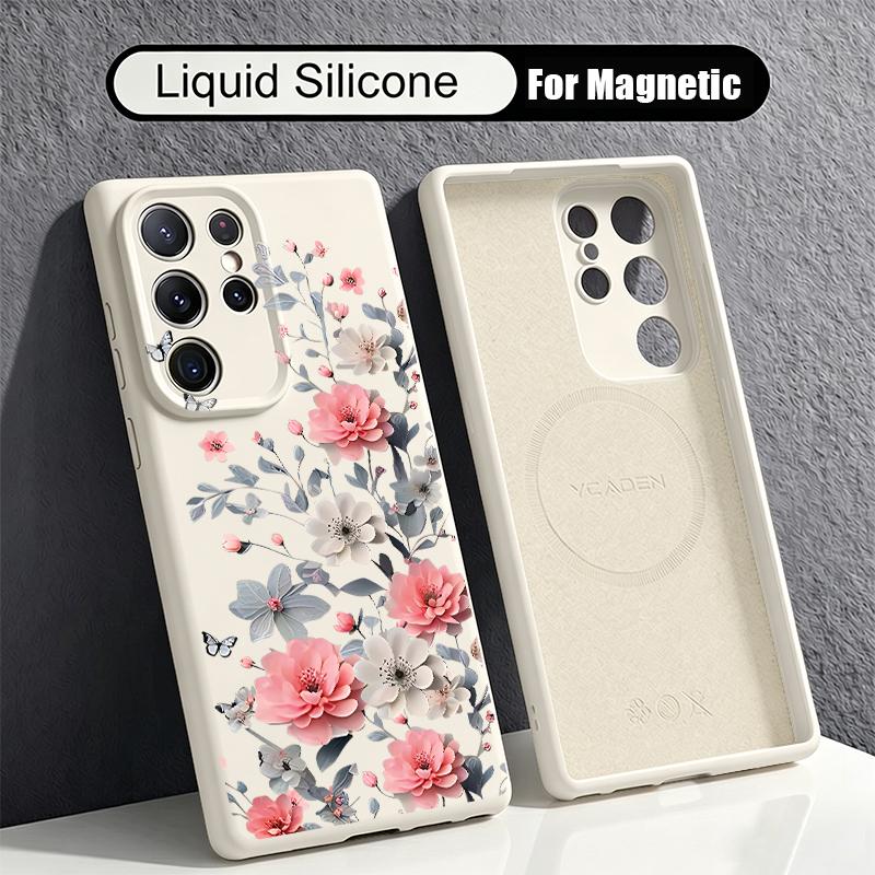INS Floral Pattern Case For Samsung Galaxy S26 S25 Ultra S24 Plus S23 S22 Ultra Magnetic For Magsafe Liquid Silicone Cover
