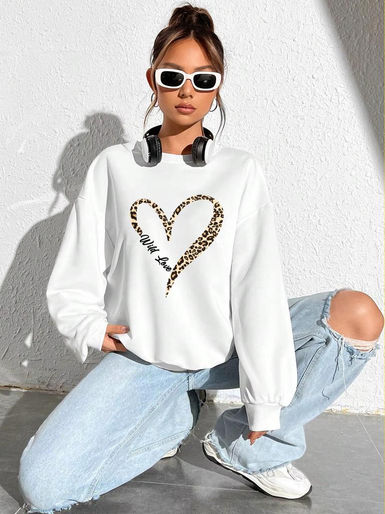 Felpa da Donna con Stampa Leopardata Wild Heart, Pullover con Fodera in Pelliccia da Strada, Abbigliamento Hipster, Girocollo Versatile, Tuta