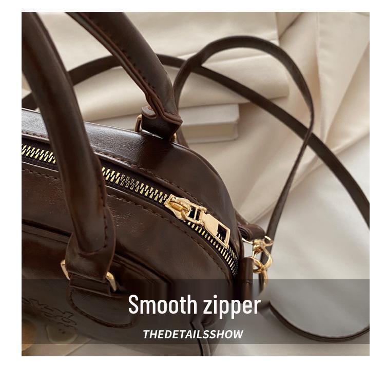 Retro Women's Fall/Winter 2025 Coffee Textured Bowling Crossbody Handbag