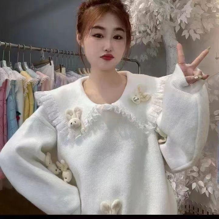 Pullover Pullover Herbst und Winter Neue Puppe Neck Spitze Design Sinn Kaninchen Pullover Weibliche 2023 Pullover Strickwaren Pullover Weibliche