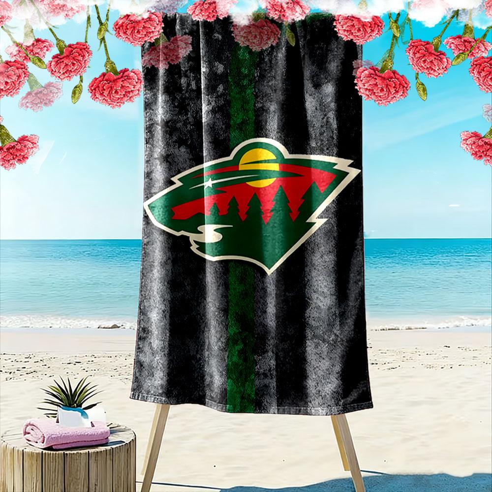 "Wild Nature Bear Logo with Forest Sunset" Patterned beach towel quick dry perfect for travel outdoor sports jogging the beach and swimming