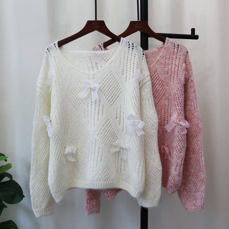 Hollow bow sweater pullover autumn and winter new loose design sweet knitted sweater top women