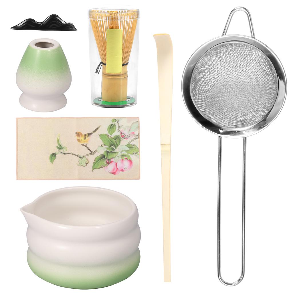 7pcs Pink Heart Decal Ceramic Matcha Set, Cute Matcha Set Includes Matcha Bowl, Matcha Whisk and Holder, Bamboo Scoop, Sifter